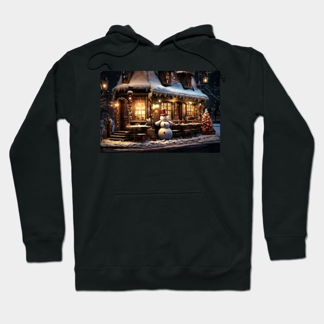 A small village shop with a snowman out front Hoodie by jecphotography